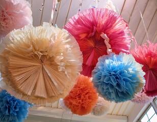 tissue paper pom poms fun light and fluffy decorations that add a burst of whimsy to parties commonly hung from the ceiling to enhance the celebratory mood