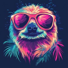 Groovy Sloth with Sunglasses, Tropical Background, Graphic Design