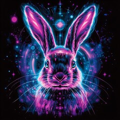 Neon bunny portrait with galactic, space background. Possible use for posters, wall art
