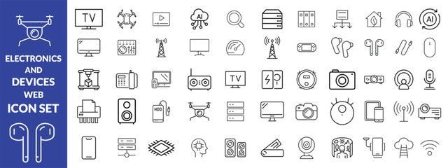 Electronics and Devices web icons in line style. Computing, social network, management, internet, network, programming, Internet connection collection. Vector illustration