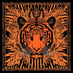 Tiger portrait, jungle leaves, dark background, nature print