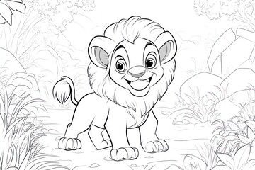 Obraz premium Cute lion cub in a jungle setting, ready for coloring. Jungle scene with lion cub, outlined in black ink