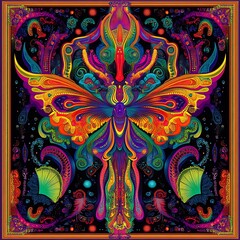 Psychedelic butterfly art; vibrant colors; ornate frame; cosmic background; textile design