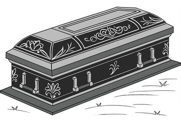 102 closed black casket, realistic, detailed, high resolution, photorealistic, 3d render, black and silver accents, decorative casket design, coffin, funeral, death, mortuary, casket lid with metal tr
