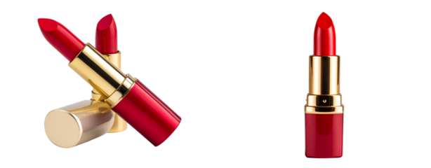  A red lipstick with a gold cap, product photography, isolated on a transparent background