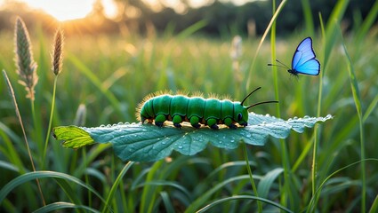 Naklejka premium Green Caterpillar Resting on Leaf with Blue Butterfly in Meadow