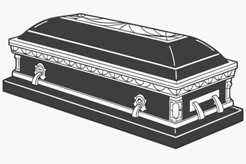 102 closed black casket, realistic, detailed, high resolution, photorealistic, 3d render, black and silver accents, decorative casket design, coffin, funeral, death, mortuary, casket lid with metal tr
