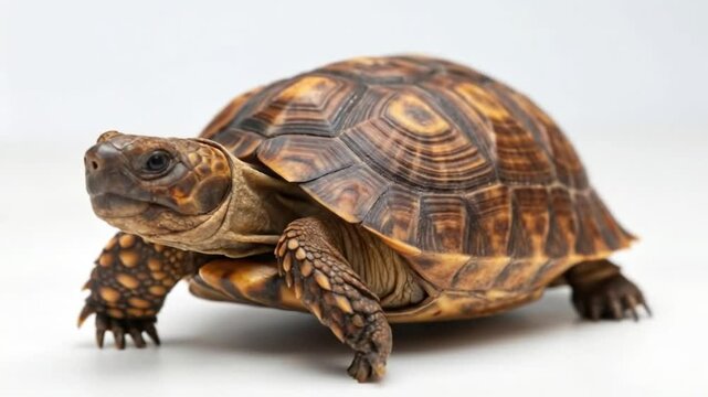 A tortoise with a patterned shell walks on a white surface, possibly a red-footed, Chaco, or yellow-footed tortoise.