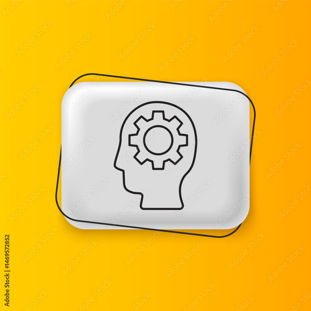Poster black human head with gear inside icon isolated on yellow background. artificial intelligence. think