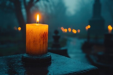 Candlelight in a misty graveyard