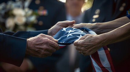 military funeral ceremony with folded american flag being handed