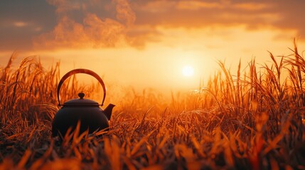 A black kettle sits on a field of tall grass, with a warm orange sunset in the background.