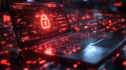 Cybersecurity Scene With Holographic Lock and Encrypted Laptop Interface