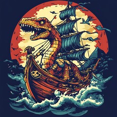 Dinosaur ship sailing stormy sea, red moon background; fantasy illustration