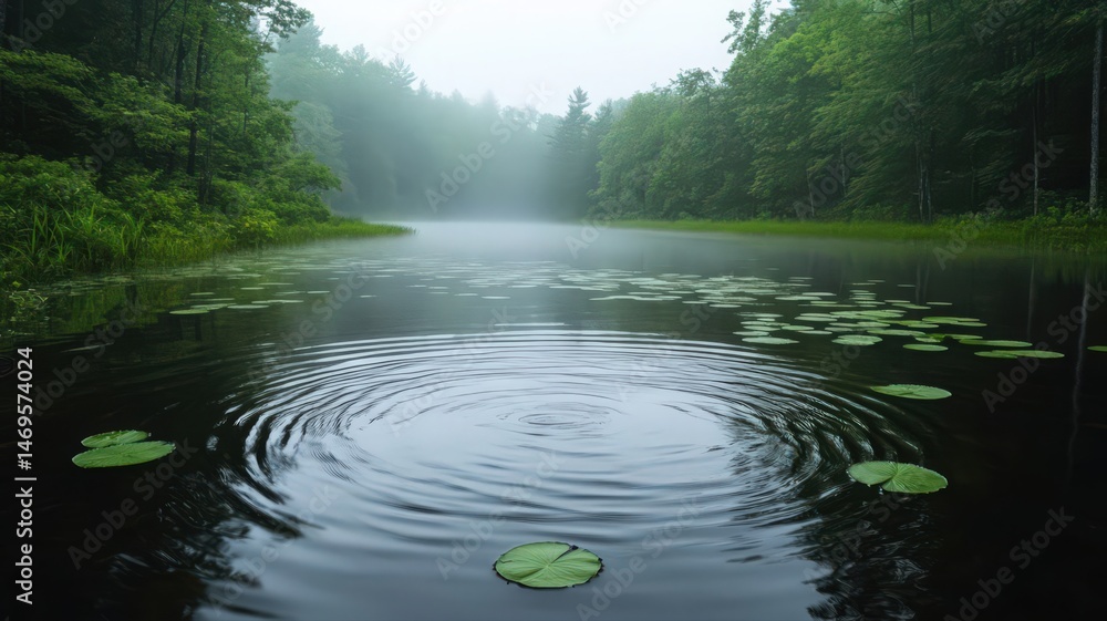 Poster misty lake with lily pads surrounded by lush green trees in a tranquil nature setting with soft ligh