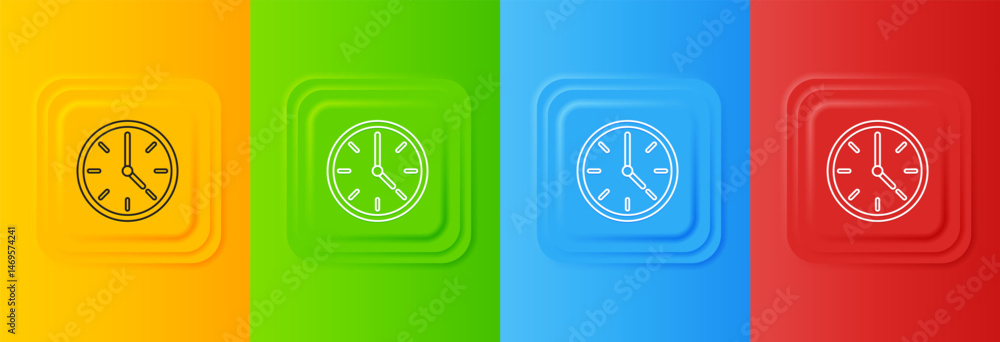 Poster white clock icon isolated on colorful background. time symbol. set icons in square buttons. vector