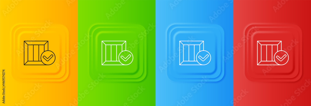 Poster white wooden box with check mark icon isolated on colorful background. parcel box. approved delivery