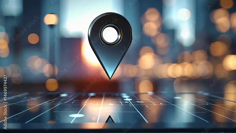 Poster 3d location pin hovering above digital city map interface with glowing data lines and bokeh city lig