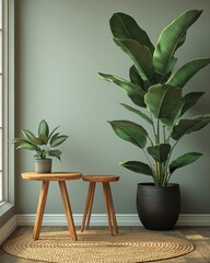 Peaceful indoor scene with plants and wooden tables