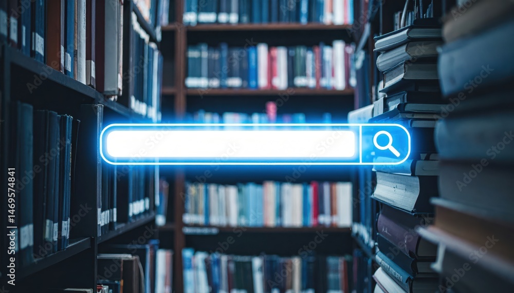 Poster digital search bar overlay in a library filled with books, symbolizing research, knowledge, and info