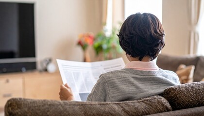 Fototapeta premium 生成AI画像：リビングで新聞を読む女性