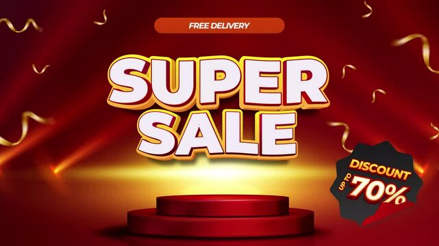 Super Sale Event Save Up to 70% with Gold Lighting and Bold Typography on Red Background Promotion Marketing Video