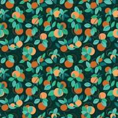 Seamless Orange Pattern. Vector Fruit Design on Dark Background in Flat Style