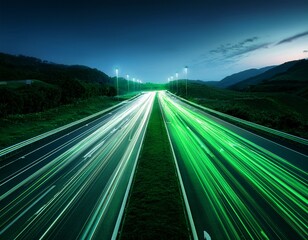 green light trails on futuristic highway concept for eco friendly transport and electric vehicle technology at night