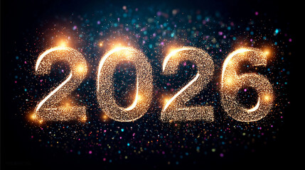 Funkelnde Jahreszahl 2026 aus goldenen Lichtpartikeln mit farbigem Bokeh – glamouröses Neujahrsmotiv für Silvesterkarten, Grußdesigns, Jahreswechsel oder festliche Anlässe
