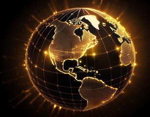 Naklejka premium north america network lights glowing on digital earth globe usa data connectivity gold on black background
