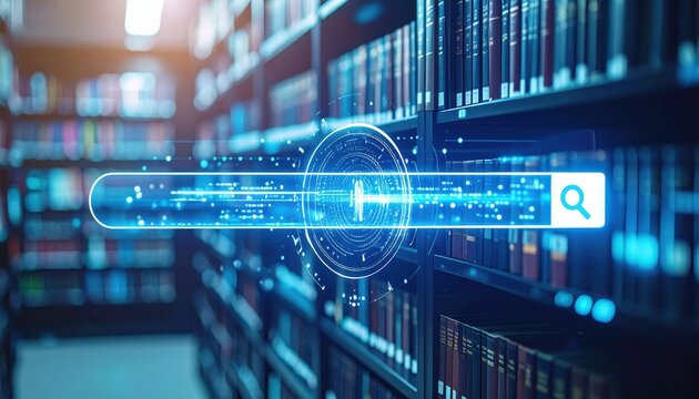 Digital search overlay in a library setting with bookshelves filled with various books and a bright atmosphere