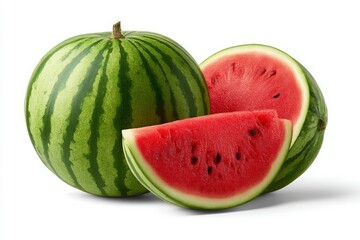 Fresh Watermelon Slices with Whole Fruit on White Background