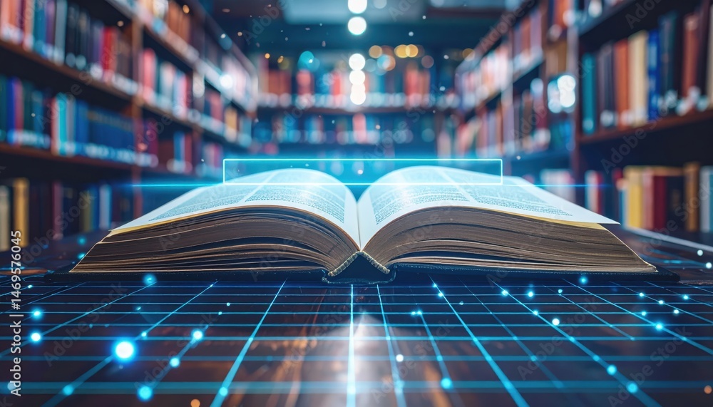 Poster open book on a wooden table with a digital overlay in a library filled with bookshelves and soft lig