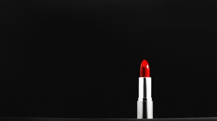 A red lipstick with a silver cap stands out against a black background.