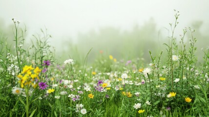 Fototapeta premium Misty Meadow with Vibrant Wildflowers