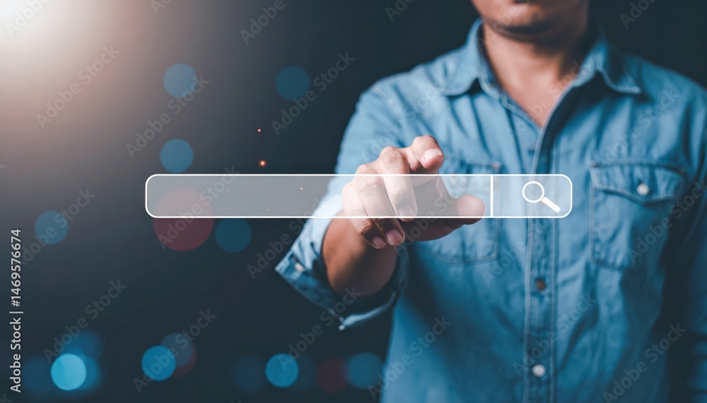 Aufkleber person interacting with a digital search bar against a dark background with colorful bokeh effects
