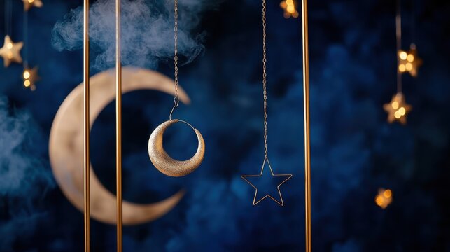 Elegant dark blue and gold celestial themed backdrop with vintage charm