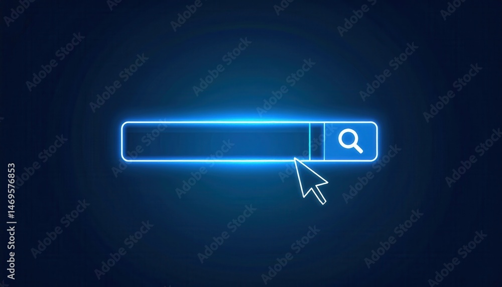 Poster Neon search bar interface with cursor indicating user interaction for digital navigation on a dark background