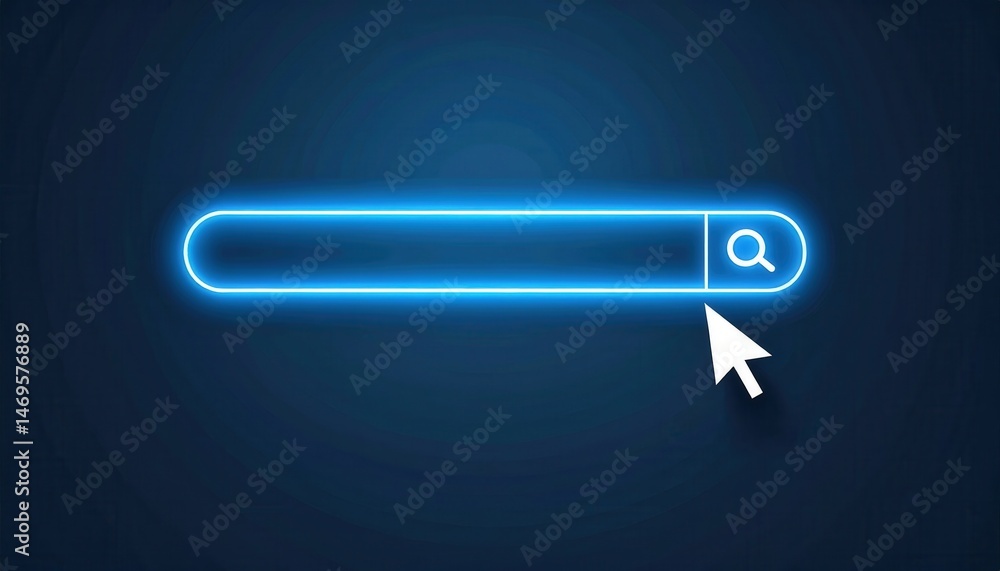 Poster neon search bar with a mouse cursor clicking on a search icon against a dark background, symbolizing