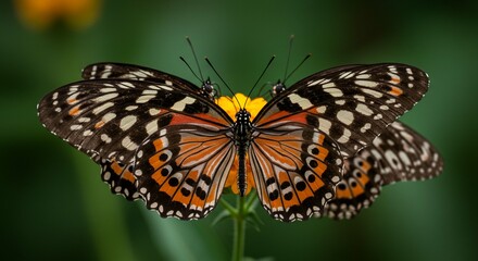 Fototapeta premium Two Striking Orange Black Butterflies on Yellow Flower Macro Photography