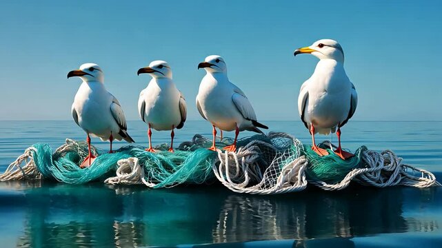 Four seagulls standing on tangled fishing nets floating on calm blue ocean water under clear sky in a peaceful marine wildlife setting

