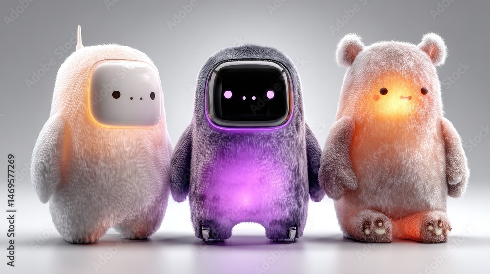 Poster group of three stuffed animals designed as interactive smart toys glowing softly on a light gray sur