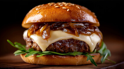Saftiger Cheeseburger mit geschmolzenem K&auml;se, Rinderpattie und Salat auf Sesambr&ouml;tchen.
