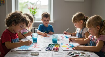 Fototapeta premium Children drawing and painting together at a table