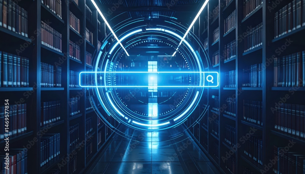 Aufkleber futuristic digital search interface in a library aisle with bookshelves and glowing neon elements hi