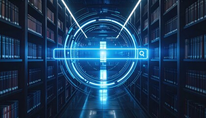 Obraz premium Futuristic digital search interface in a library aisle with bookshelves and glowing neon elements highlighting the concept of knowledge discovery