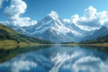 Fototapeta premium Majestic snow-capped mountain peak reflecting in tranquil lake surrounded by lush greenery