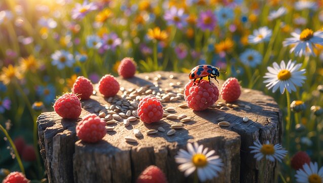 Raspberry Picnic Beetle Adorns a Wooden Stump Amidst Wildflowers