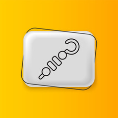 Black Grilled shish kebab on skewer stick icon isolated on yellow background. Meat kebab on skewer stick. Picnic with grilled meat. Silver rectangle button. Vector