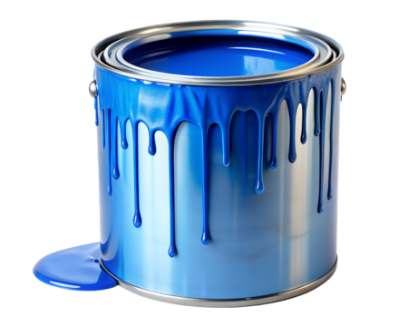 blue bucket with paint isolated on white background. Transparent PNG file type available .